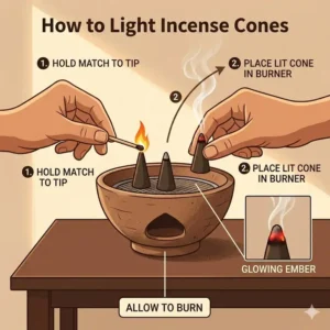 An instructional diagram showing the step-by-step process of lighting incense cones on a ceramic burner.