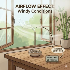 An infographic showing the effect of wind and airflow on how long do incense sticks burn indoors.