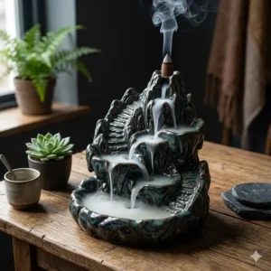 A ceramic backflow fountain showcasing the unique smoke flow of incense and incense holders.