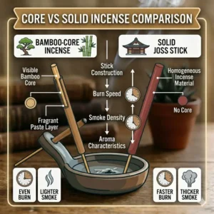 Visual comparison between bamboo core and solid joss sticks to show how long does an incense stick burn.