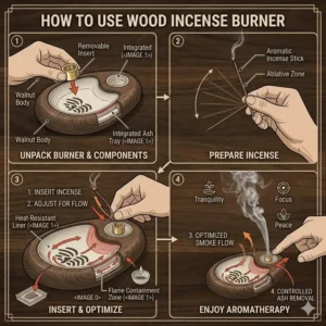 Step-by-step illustration showing a lit incense stick being placed into a wood incense burner tray.