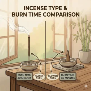 A visual guide comparing bamboo sticks versus cones to show how long do incense sticks burn by material type.
