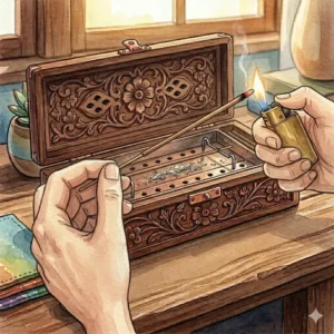 Lighting the tip of an incense stick with a flame as part of the process of how to use incense box.