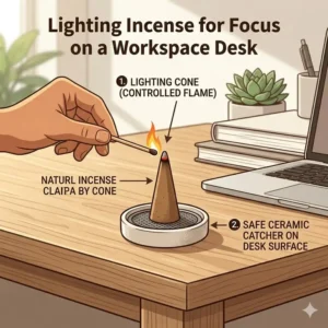 A minimalist office desk featuring a person lighting incense to improve focus and productivity during work.