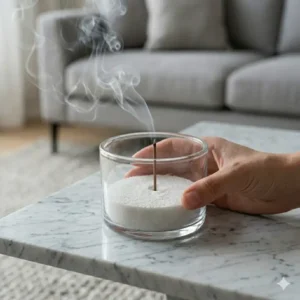 A person holding a small glass incense burner bowl in their hand to demonstrate its portable scale.