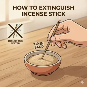 A safety illustration of extinguishing a stick, explaining how long do incense sticks burn if left unattended.