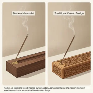 A comparison layout of a modern minimalist wood incense burner versus a traditional carved design.