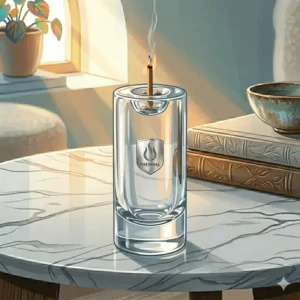 Modern inverted glass incense holder where the stick hangs upside down inside a glass cylinder.