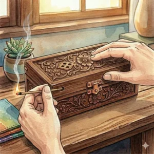 Placing the glowing incense stick into the internal holder to show how to use incense box correctly.