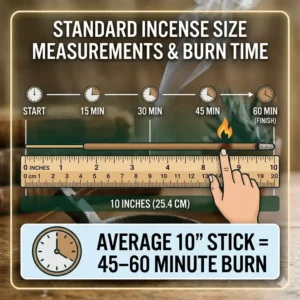 A scale ruler and timer diagram showing the average time of how long does an incense stick burn.