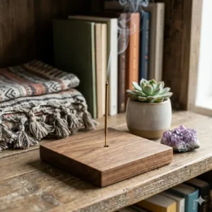 Modern boho living room interior featuring a decorative wooden incense holder.
