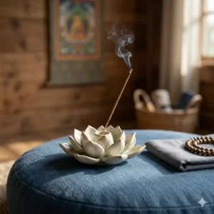 A small lotus-style ceramic incense burner holder sitting next to a meditation cushion.