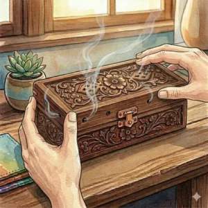 Closing the carved wooden lid to finish the setup of how to use incense box safely.