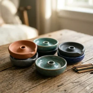 A collection of small round ceramic incense burner holder designs in terracotta, teal, and charcoal grey.
