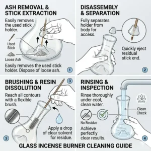 A simple graphic showing how to remove ash and resin from a clear glass incense burner.