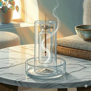 A decorative glass incense holder placed next to a yoga mat and crystals in a meditation space.