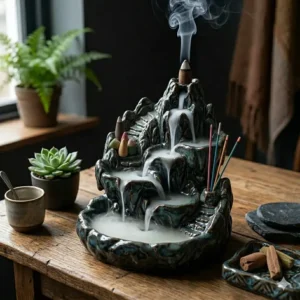 A handcrafted wooden boat tray used for catching ash from incense and incense holders.