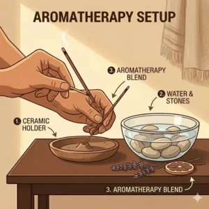 A spa-like aromatherapy environment with a person lighting incense next to a bowl of water and stones.