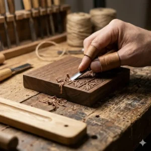 An artisan woodworker hand-carving a custom wooden incense holder.