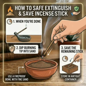 Demonstrating how to safely extinguish and save the remaining part of how long does an incense stick burn.