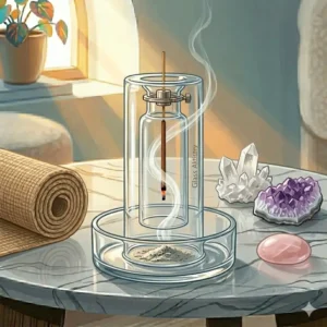 Top-down view of a glass incense holder next to common household items for size comparison.