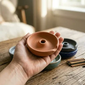 A hand holding a compact ceramic incense burner holder to demonstrate its portable size.
