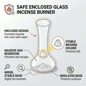 An illustration highlighting the protective glass walls of an ash-catching glass incense burner for home safety.