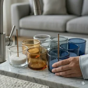 A collection of amber and smoke-tinted glass incense burner bowl varieties displayed together.