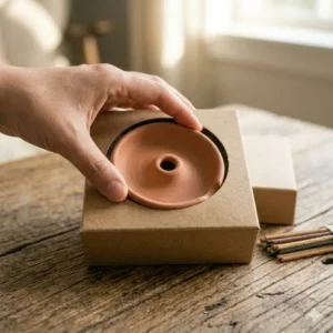 A boxed ceramic incense burner holder set with a bundle of sandalwood incense sticks.