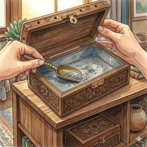 Using a small scoop to remove cooled ash, demonstrating the maintenance of how to use incense box.