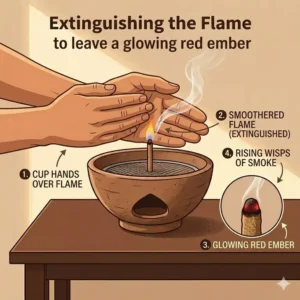 A close-up showing the final step of lighting incense by blowing out the flame to leave a glowing red ember.