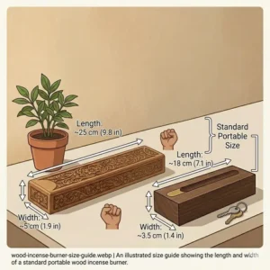 An illustrated size guide showing the length and width of a standard portable wood incense burner.