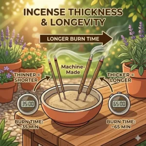 A side-by-side comparison of thick and thin sticks to demonstrate how long do incense sticks burn for different brands.