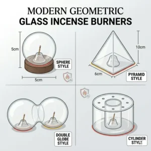 A collection of various geometric glass incense burner designs including sphere and pyramid styles.