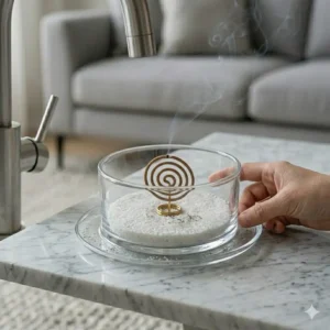 An incense coil burning safely inside a wide glass incense burner bowl designed to catch all falling ash.
