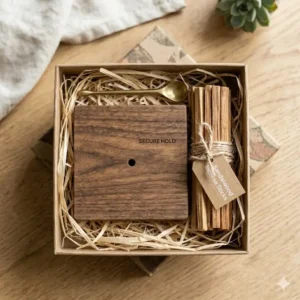 Eco-friendly gift box containing a wooden incense holder and sandalwood sticks.