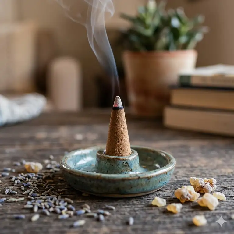 A burning natural incense cones emitting smoke on a ceramic burner surrounded by lavender.