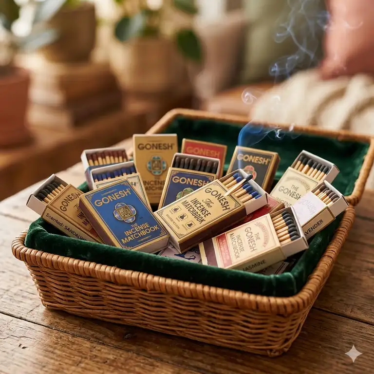 An assortment of colorful vintage incense matches boxes in a decorative gift basket