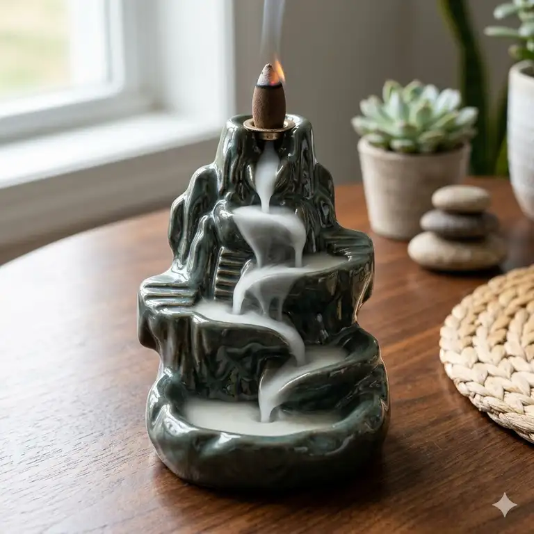 A scenic ceramic waterfall incense burner with a backflow cone emitting thick smoke that cascades down the steps.