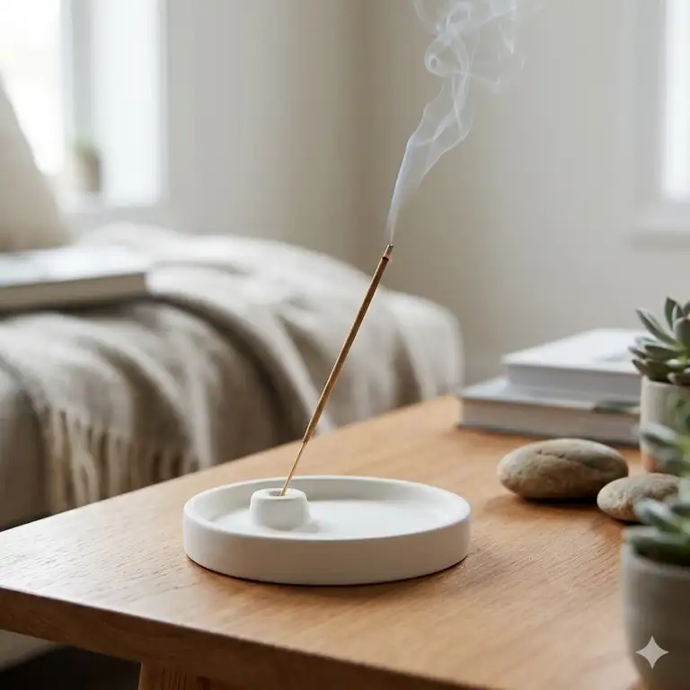 A modern white ceramic incense burner stick holder on a wooden table with soft smoke.