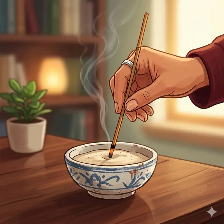 A comprehensive guide showing a person demonstrating how do you put out an incense stick safely using a bowl of sand.