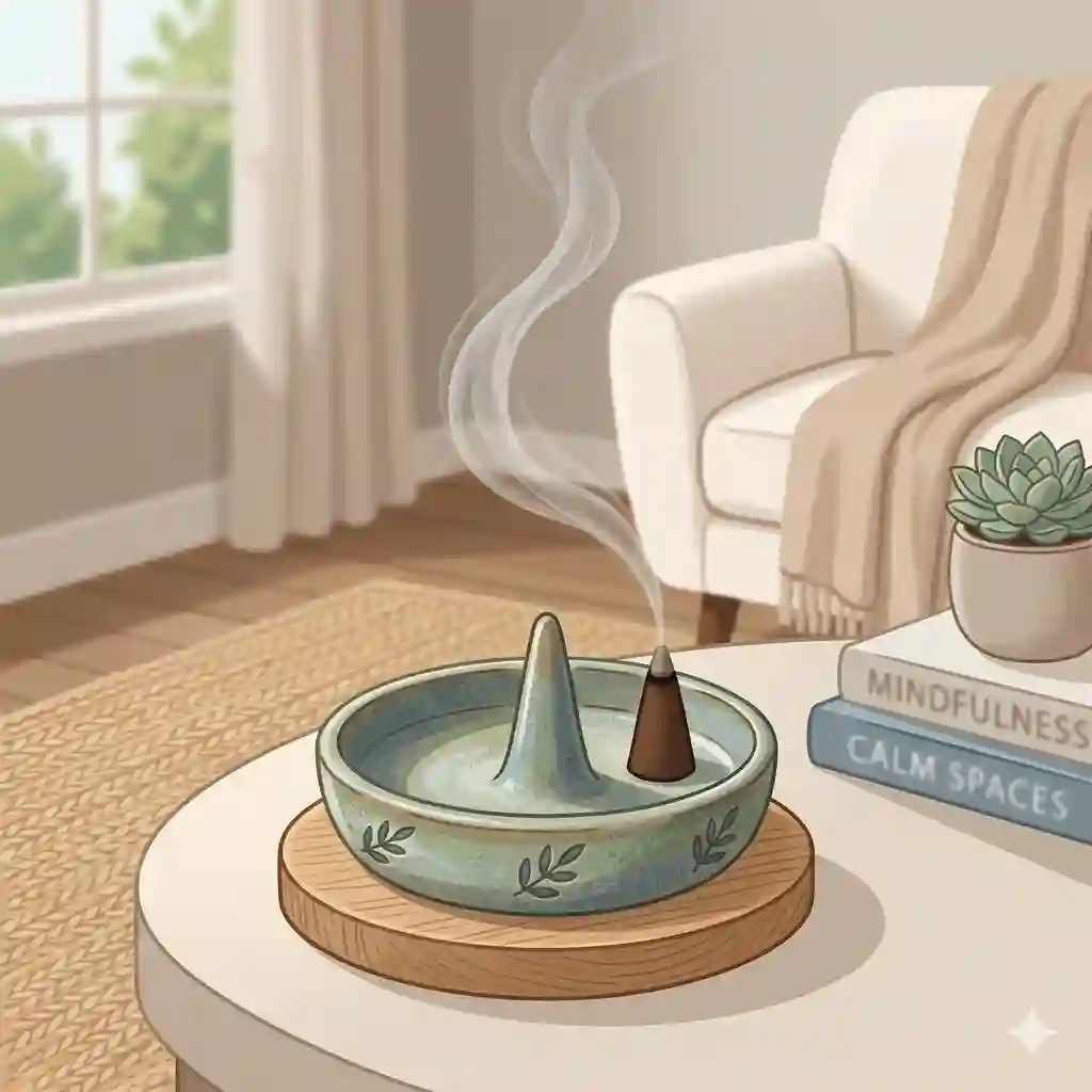 A serene living room setting featuring a high-quality incense cone holder with a burning cone releasing aromatic smoke.
