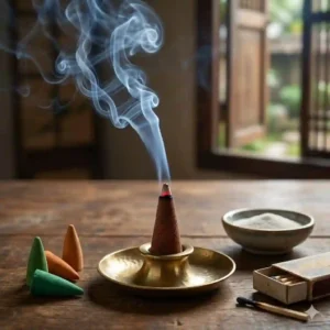 A backflow conical incense cone producing a waterfall smoke effect down a ceramic burner.
