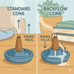 An educational illustration comparing standard and backflow incense cones smoke flow direction.