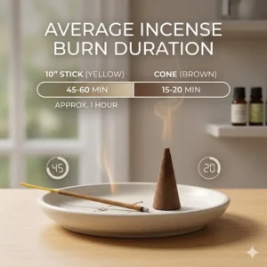 Infographic displaying the average time for how long does incense burn when using standard 10-inch sticks.