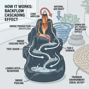 A diagram illustrating how a backflow waterfall incense burner works by pulling smoke downward through a hollow cone.