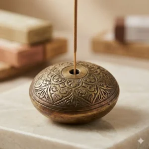 Close-up of an intricately engraved brass incense burner stick holder showing premium craftsmanship.