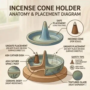 A detailed anatomy diagram explaining the proper use and safe placement of an incense cone holder.