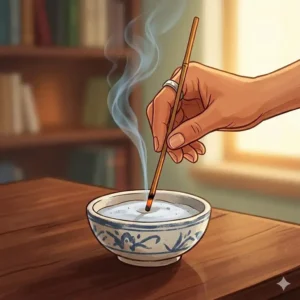 Close-up of the dipping method showing how do you put out an incense stick by pressing the tip into white sand.