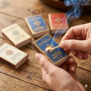 Close up of hands striking aromatic incense matches to release fragrant smoke